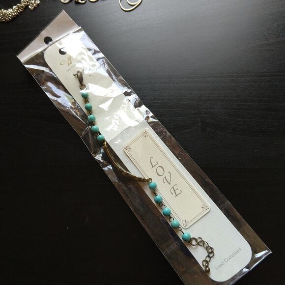 Turquoise LOVE Bracelet 6.5" - 7.5" semi-precious stones brass new old stock - Picture 3 of 13